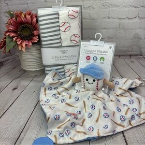 NWT Modern Baby 2pk Soft swaddle blankets w/ Snuggle Blankie  baseball themed